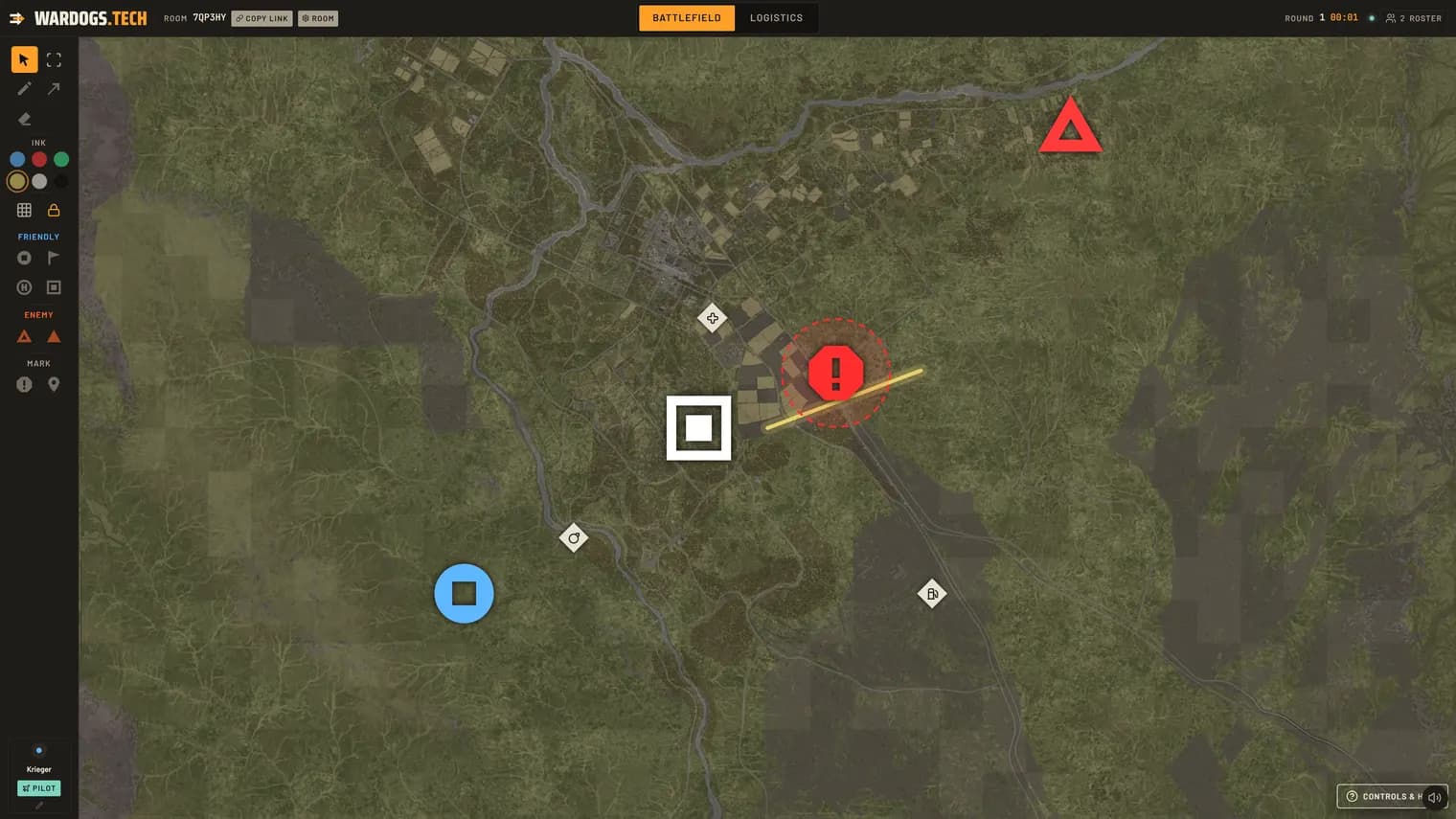 Battlefield view: full-bleed map with large markers and no chrome