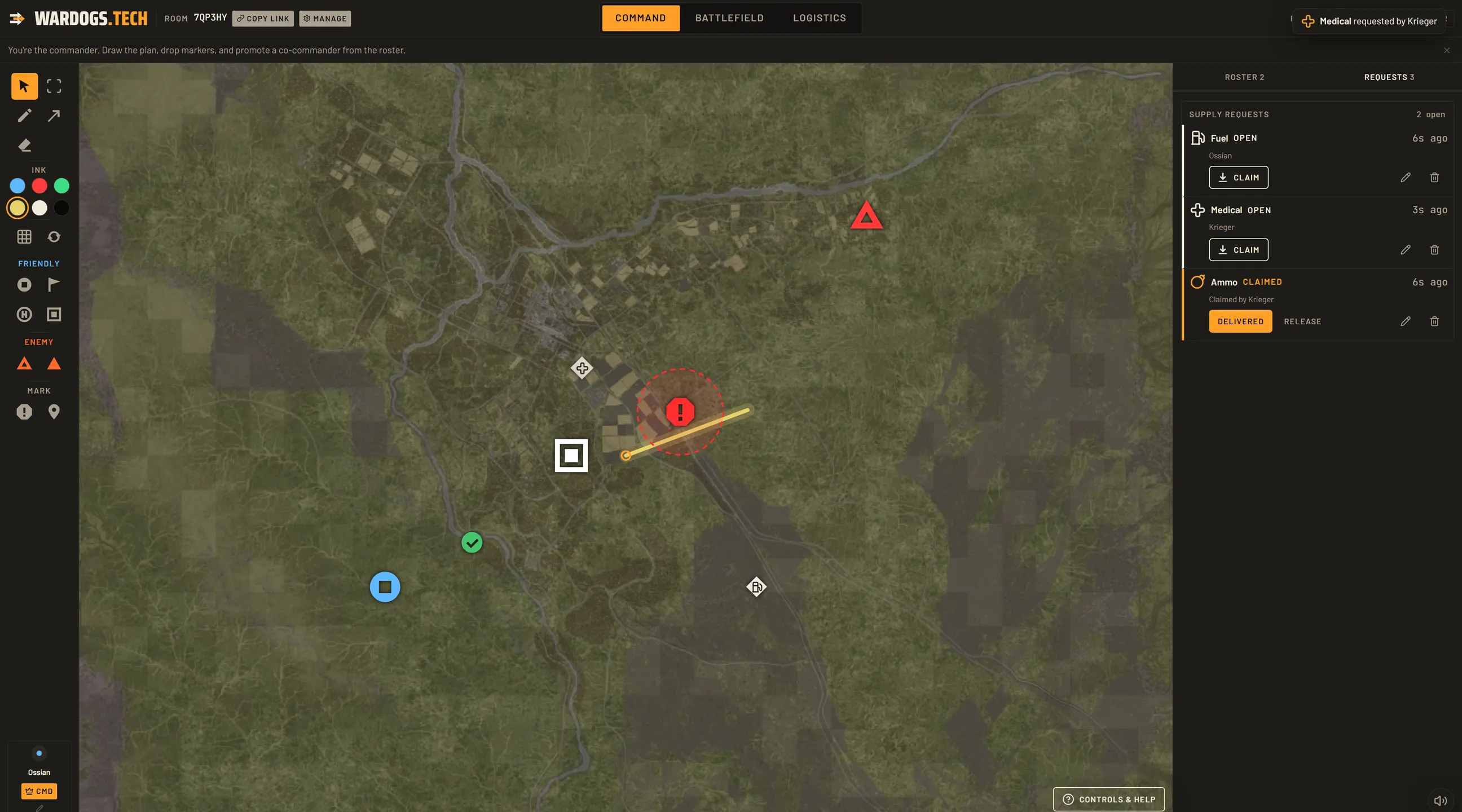 Command view of the wardogs.tech map: FOB Alpha pushing toward the control zone, a danger zone marked, and the roster and open requests panel on the right