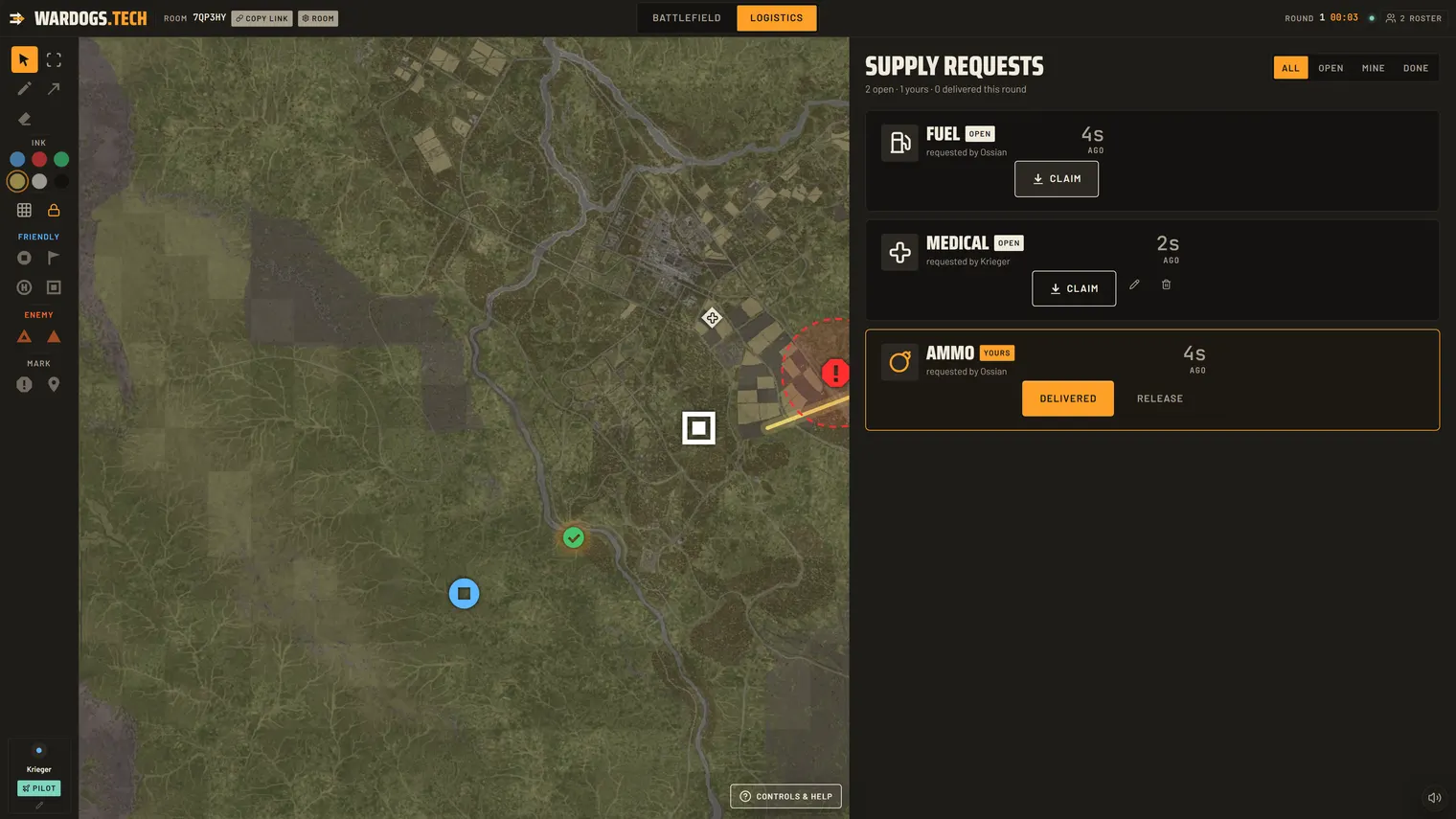 Logistics view: supply request list with claim and delivered actions
